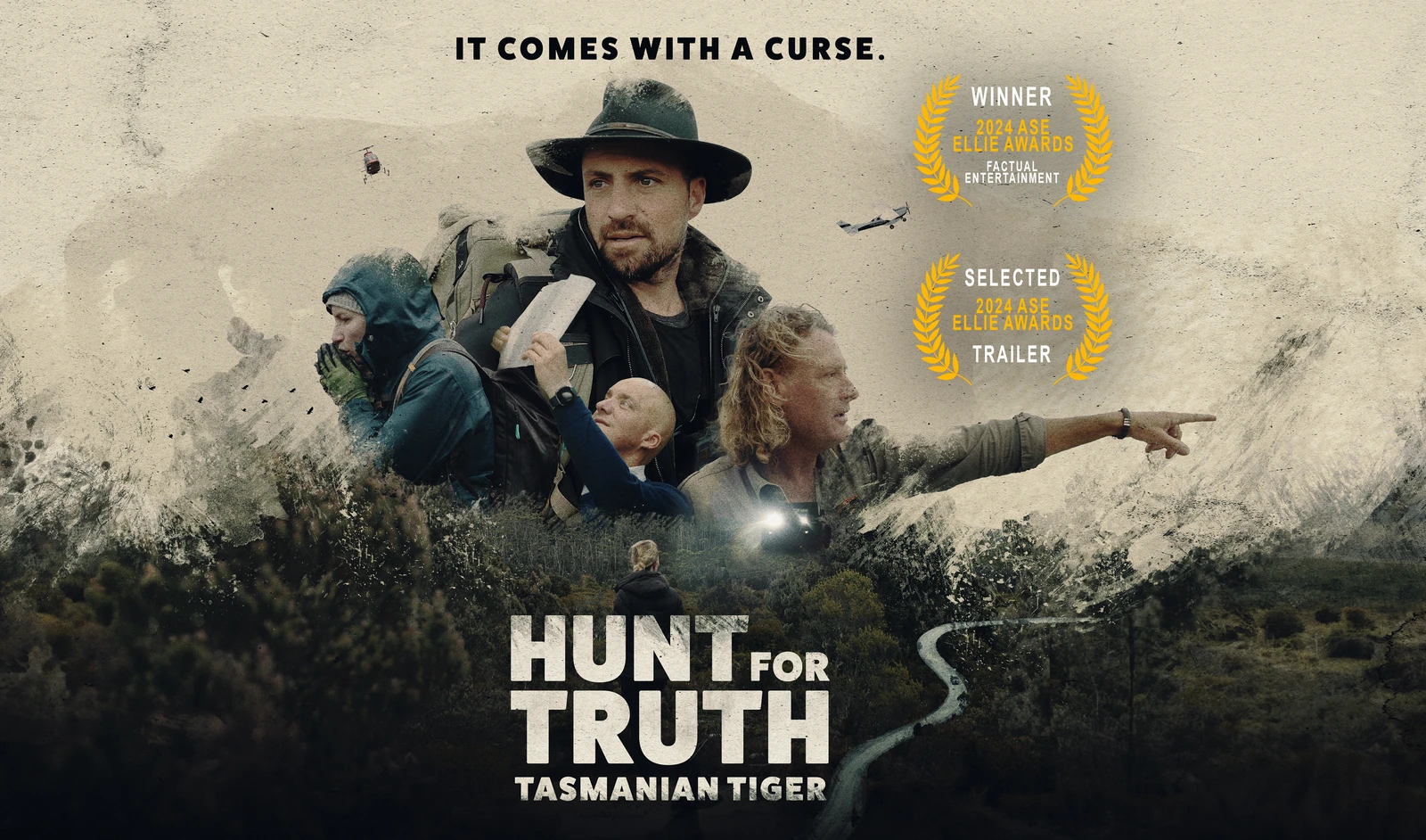Hunt for Truth: Tasmanian Tiger series artwork featuring Tim Noonan and the expedition team